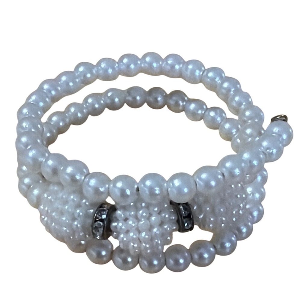 White Faux Pearl Triple‎ Strand Wrap Coil Bracelet with Crystal Accents Bridal